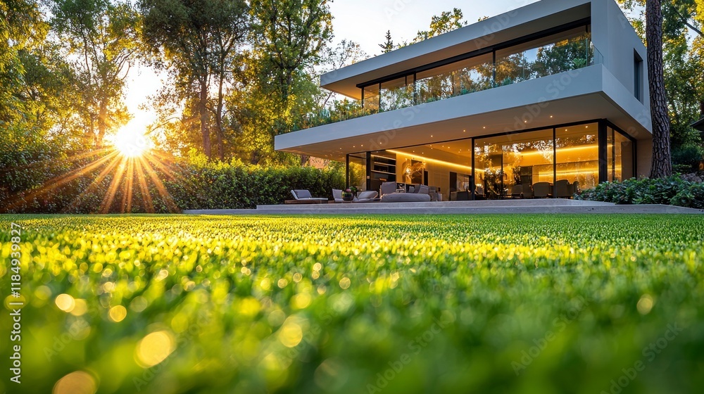 Wall mural Modern house, sunset.