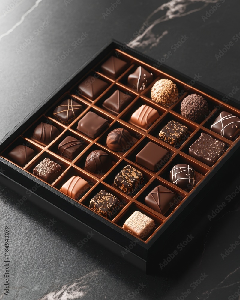 Poster an elegant box of assorted chocolates showcasing various shapes and textures, perfect for gifting.