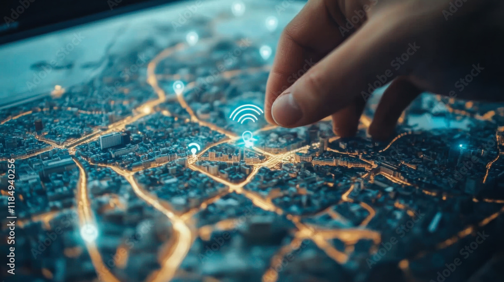 Poster exploring a digital city map with interactive features and connectivity symbols at night