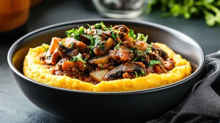 A bowl of food with mushrooms and other ingredients