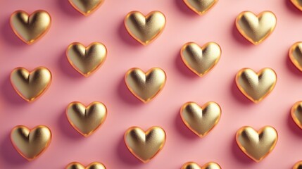 Obraz premium Gold textured hearts on pastel pink background, seamless romantic pattern
