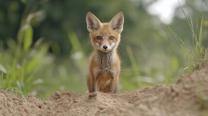 Fototapeta premium A small red fox standing in the dirt looking at the camera