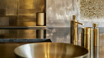 Gold fixtures, textured walls, modern sink.