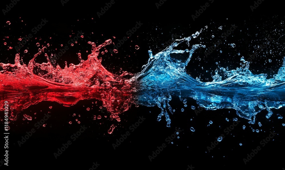 Poster splash of water with red and blue colors is captured in the image. the water is reflecting the color