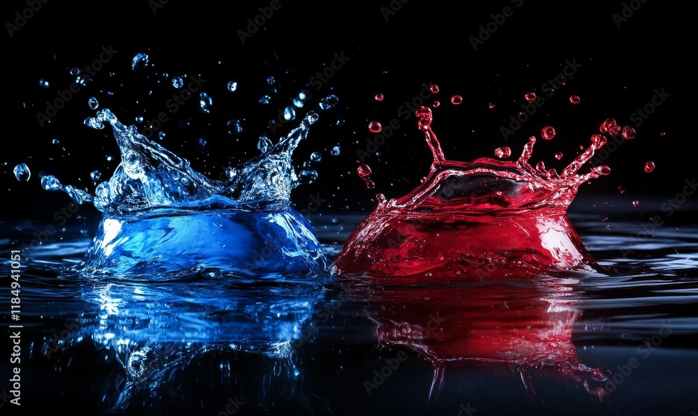 Poster splash of water with red and blue colors is captured in the image. the water is reflecting the color
