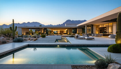 A sprawling desert estate with smooth concrete walls, shaded outdoor courtyards, and a tranquil refl
