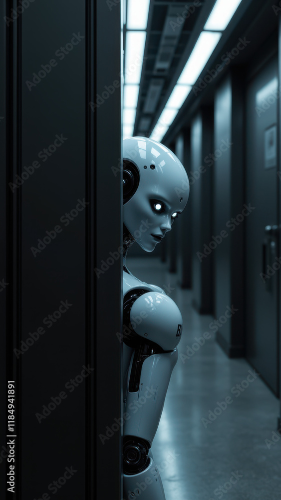 Poster a humanoid robot peeking from behind a server rack.