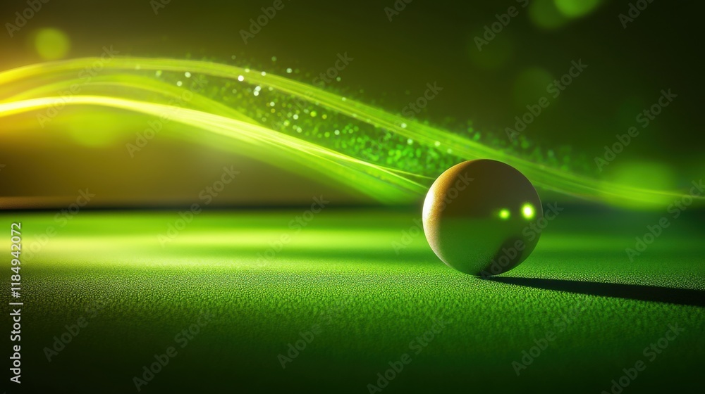 Poster a glowing white ball sits on a vibrant green surface, illuminated by soft light and dynamic swirling