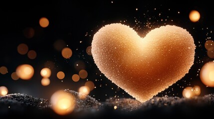 Fototapeta premium A golden heart on a black background with bokeh lights