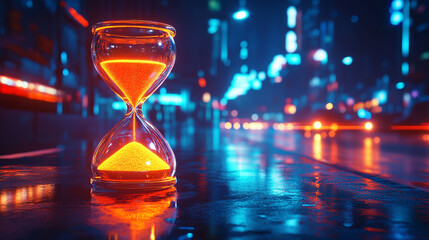 A futuristic hourglass with glowing sand representing time and innovation set against a bright background with blurred space on the side conveying a sense of opportunity and limitless potential

