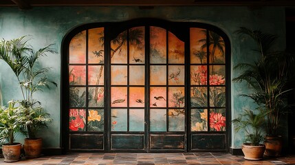Tropical Floral Mural Adorns Arched Wooden Doors