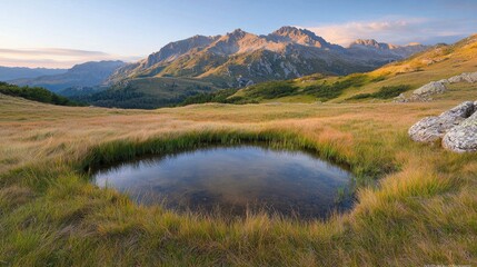 A small pond in the middle of a grassy field with mountains in the background