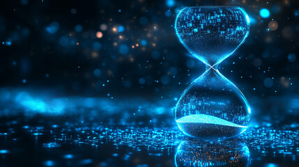 A futuristic hourglass with glowing sand representing time and innovation set against a bright background with blurred space on the side conveying a sense of opportunity and limitless potential

