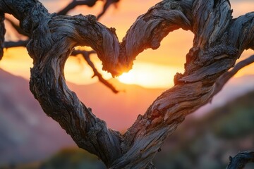 Sunset heart shaped by a twisted old tree branch, nature's art.
