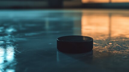 Close-up of a black hockey puck on an ice rink, illuminated by soft orange and blue lighting.