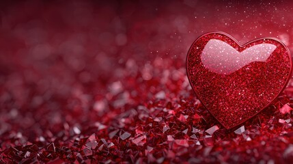 A red heart on a red glittery background