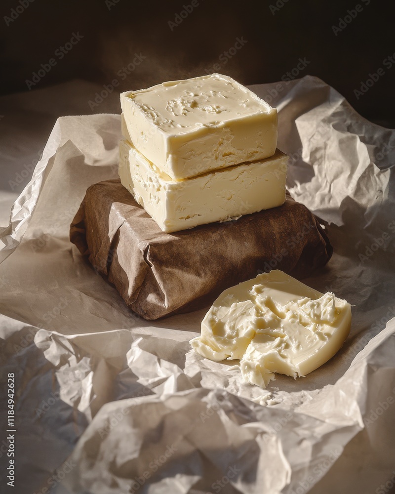 Aufkleber close-up of fresh butter blocks on crumpled paper with a rustic background.