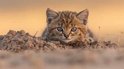 Obraz premium A small kitten peeking out of a hole in the ground
