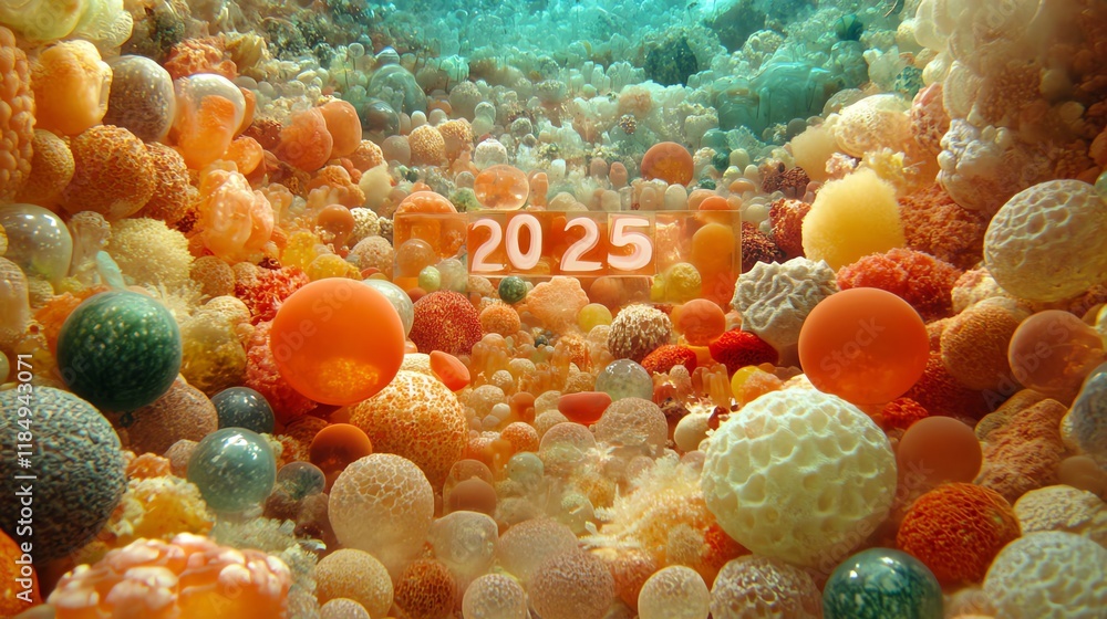 Poster a colorful underwater scene filled with various spherical shapes and textures.