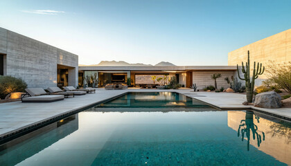 Fototapeta premium A sprawling desert estate with smooth concrete walls, shaded outdoor courtyards, and a tranquil refl