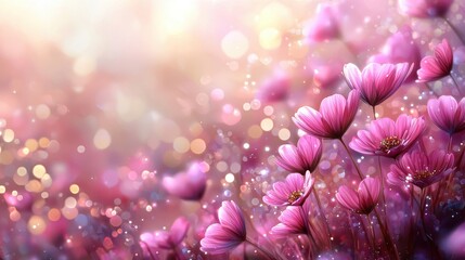 Fototapeta premium A bunch of pink flowers that are in the grass