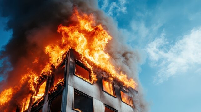 An awe-inspiring view of a building ablaze with large flames rising into the sky, surrounded by billowing smoke, symbolizing the ferocity of urban fires in modern life.