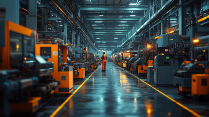 Fototapeta premium A group of workers in bright overalls testing machines and equipment on the factory floor. bright lighting, contrast