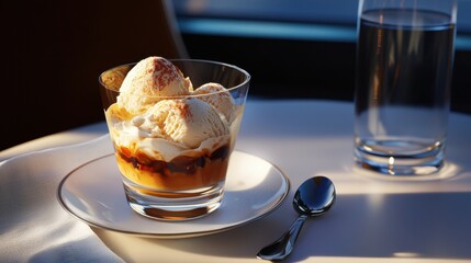 A dessert with ice cream and a spoon on a white plate