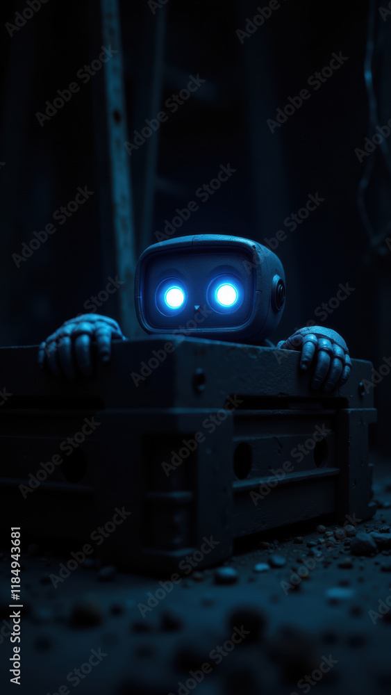 Poster an ai robot peering from inside a suitcase.