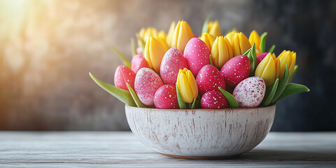 Fototapeta premium Tulipany w porcelanowej misce - Kartka na Wielkanoc