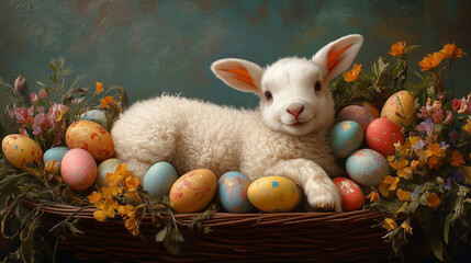 Leżąca biała owieczka i kilka pomalowanych jajek 