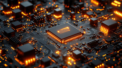 Obraz premium A single microchip on a dark surface, symbolizing the foundation of modern technology, with blurred caption space evoking the complexity and potential of digital advancement. 