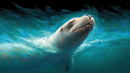 Fototapeta premium A painting of a seal swimming in the ocean