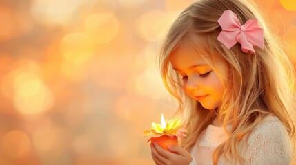 Fototapeta premium A little girl holding a flower in her hand