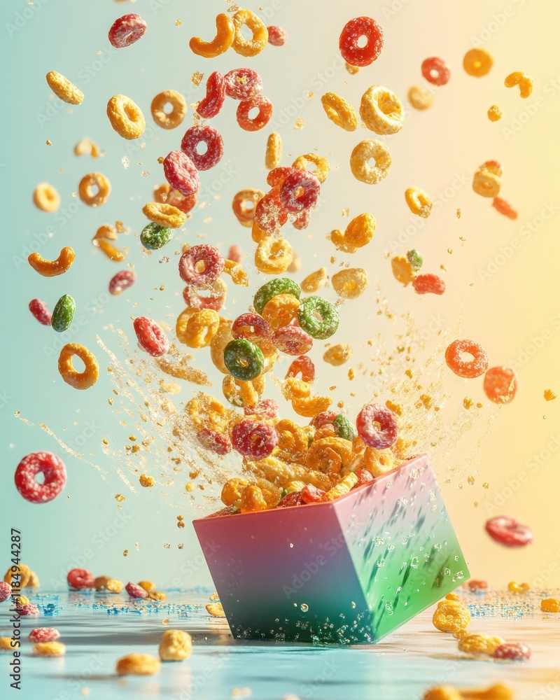Aufkleber a vibrant explosion of colorful cereal spilling from a geometric container, creating a playful scene