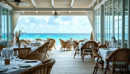 A luxurious beachfront restaurant with whitewashed wooden floors, glass walls showcasing ocean views
