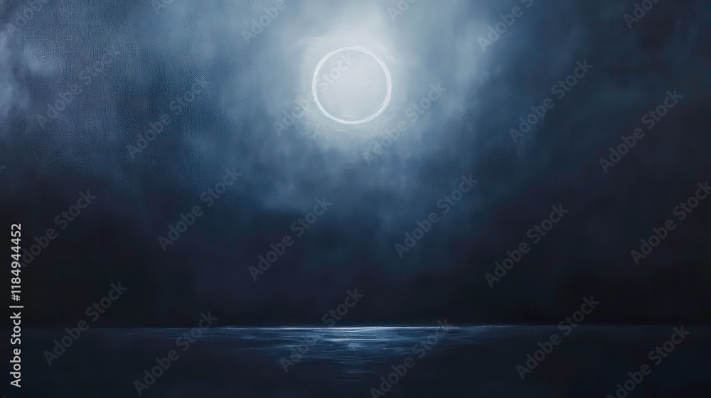 Aufkleber dark night scene with a bright circle in the cloudy sky reflecting on water.