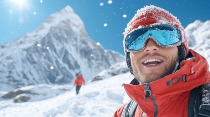 Fototapeta premium A man in a red jacket and goggles smiles at the camera