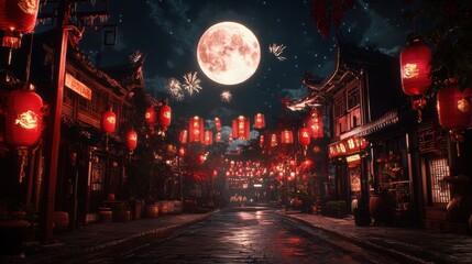 A stunning night scene with red lanterns under a full moon, creating a festive atmosphere.
