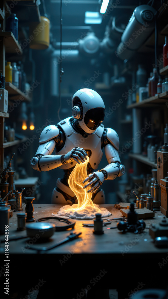 Poster ai robot tinkering with fire in a workshop environment.