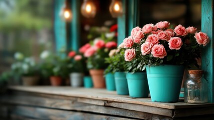 Fototapeta premium An assortment of charming flower pots filled with vibrant roses, showcasing the joy of gardening and the beauty of floral decorations in a warm, inviting space.