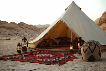 A cozy tent setup in a scenic desert featuring traditional rugs and lanterns