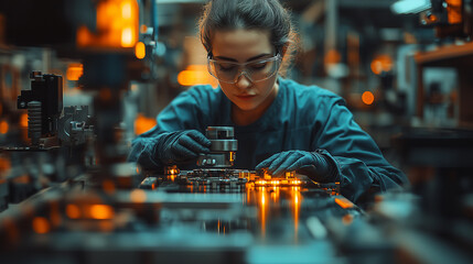 Worker installing a new component into machinery, surrounded by equipment and bright lighting. bright lighting, contrast