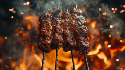Grilled skewers of meat cooking over open flames at a summer barbecue gathering