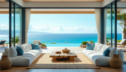 Fototapeta premium A bright and airy coastal living room with white linen sofas, a natural wood coffee table, and overs