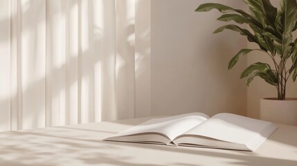 Open book on table, sunlight through curtains, minimalist plant.