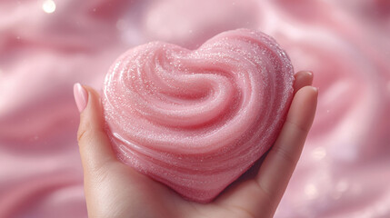 Heart-shaped pink slime in a hand against a pastel background