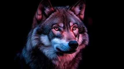 Fototapeta premium Close-up portrait of a wolf with vibrant pink and blue lighting against a black background.