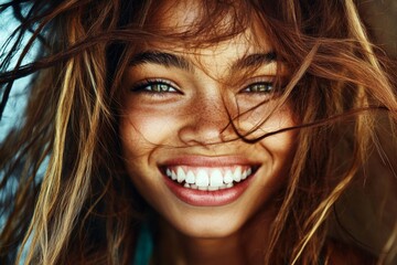Fototapeta premium Commercial promotion concept art. Long coiffure - highlighted hair. Attractive happy mixed-race girl - for ads, flyer and social networks use. Black beauty advertising. African girl style.