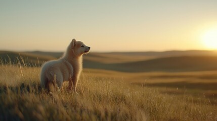 A small white dog standing in a field of tall grass